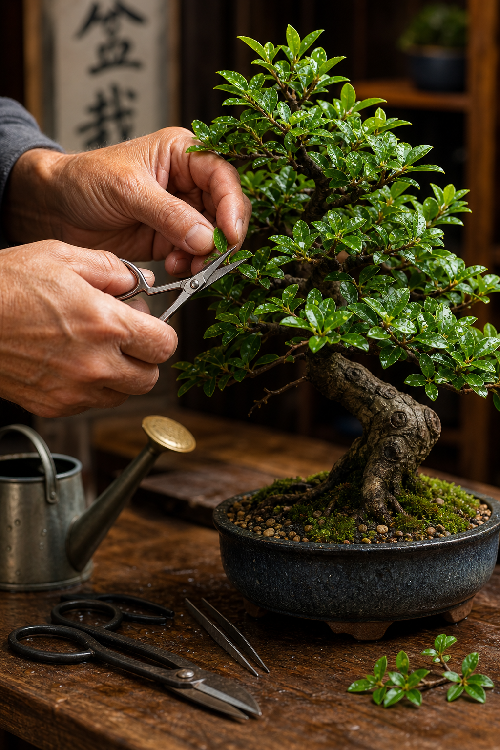 Bonsai-Pflege, giessen und schneiden