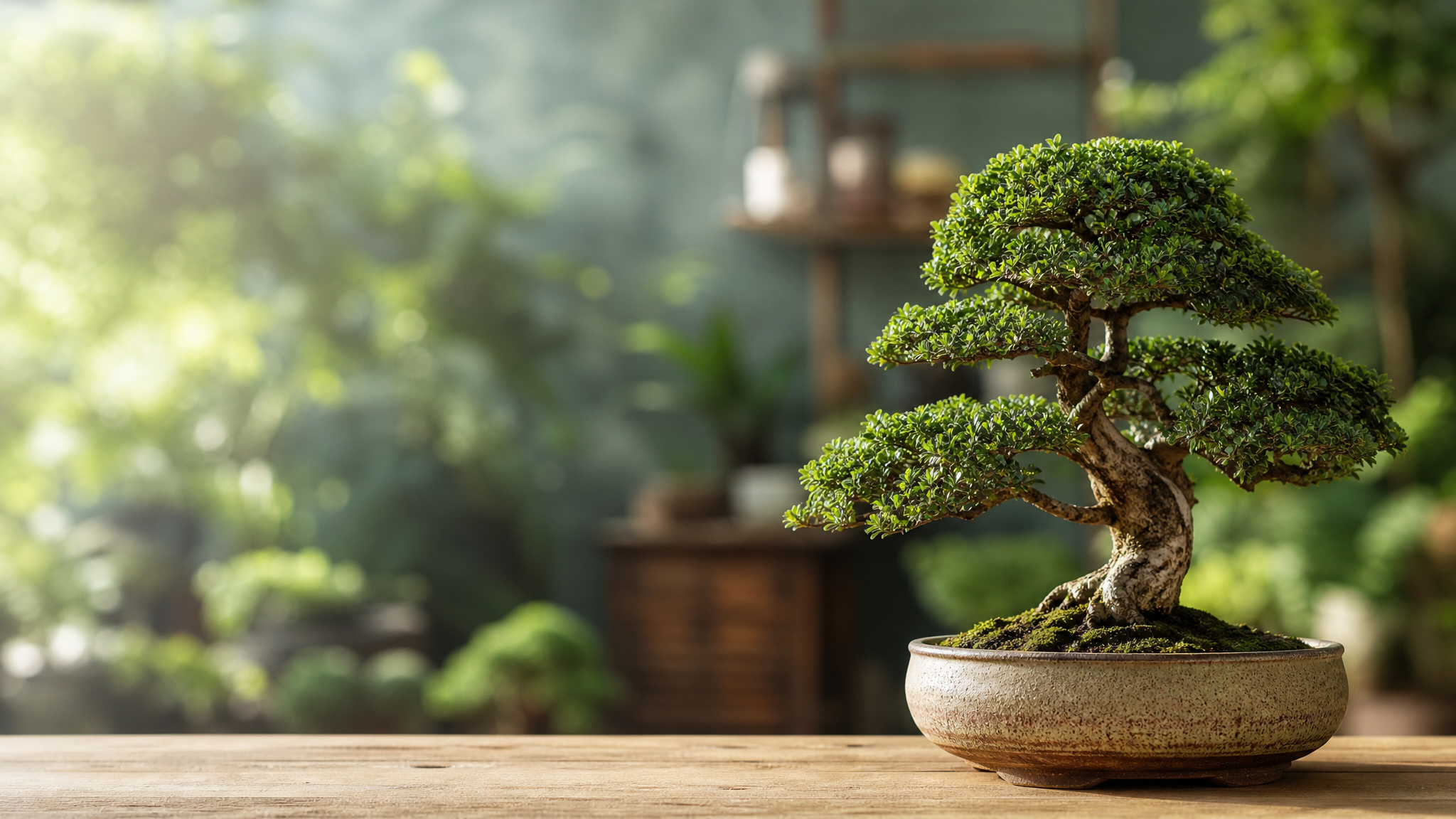 Schön gewachsener Bonsai mit Gartenambiente im Hintergrund